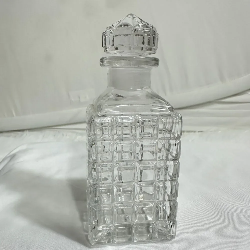 VTG Pressed Square Glass Decanter With Stopper Cologne Or Liquor Barware